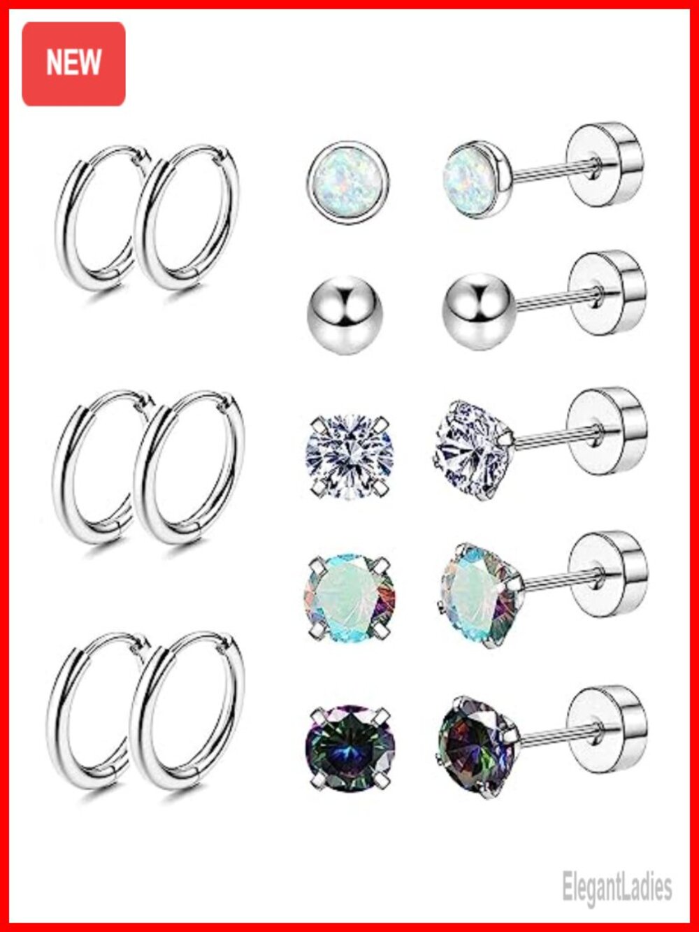 Stainless Steel Hypoallergenic Flat Back Stud & Hoop Earrings Set 8 Pairs